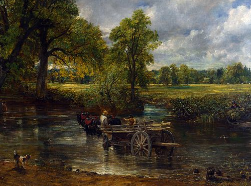Detail from John Constable's painting "The Hay Wain" (1821), showing a horse-drawn farm wagon in a shallow river.