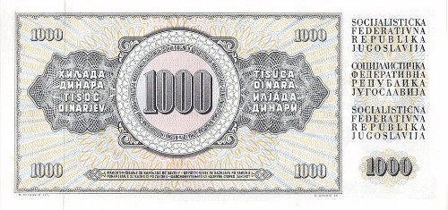 (Former Yugoslavian) 1000 Dinar banknote.