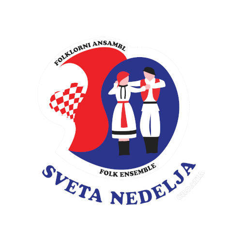 Logo for the Croatian folk ensemble "Sveta Nedelja", literally meaning Holy Sunday, but also a Croatian village name and the name of an international folklore festival. On the right, against a blue teardrop-shaped background, are two stylized folk dancers in white and red costumes. On the left, a more amorphous red and white background, which includes a red-and-white checkerboard heart shape, which recalls the red-and-white checkerboard of the shield on the Croatian flag. 