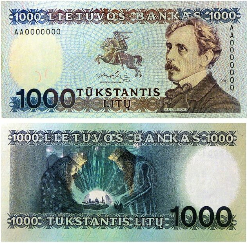 A 1000 Litu banknote, from Lithuania.