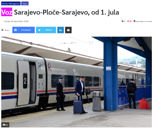 News report about the express train service between Sarajevo, Bosnia and Ploče, Croatia. The first word of the headline, voz, means "train" in Bosnian, Croatian, Montenegrin, and Serbian. 